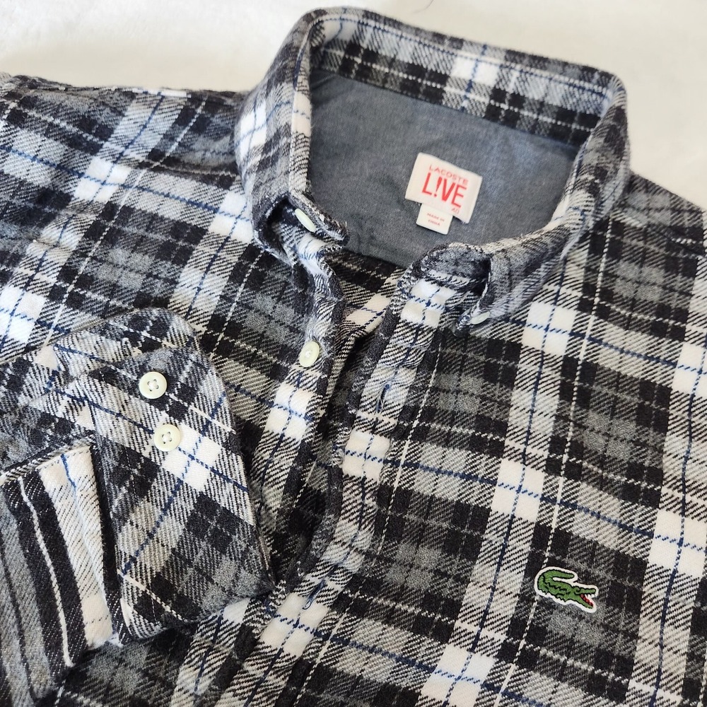 Lacoste Live 40 mens Black White Fleece Plaid Long Sleeve Button Up Logo‎